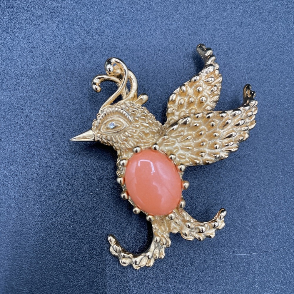 Vintage Erwin Pearl "Bird Of The Nile" Coral Color Belly Cabochon Brooch/Pendant